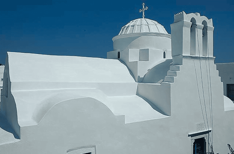 Sifnos, Exampela, Iera Moni Vrisis - Gastronomy Tours top view of the Iera Moni (Holy Monastery) Vrisis commemorate festival of her birth at Sifnos, Exampela, Greece